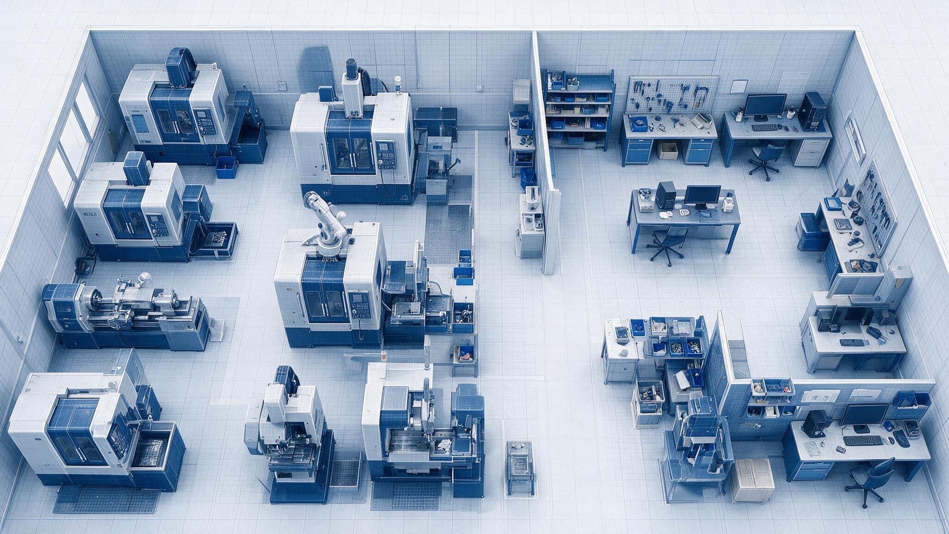 A machine shop floor seen from above: mills, lathes and benches laid out in order.