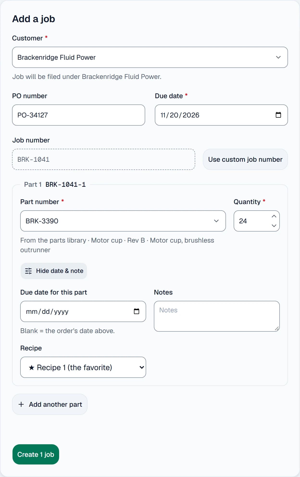 The Add a job form for Brackenridge Fluid Power: part BRK-3390, quantity 24, with the line From the parts library, Motor cup, Rev B, and a Recipe list set to Recipe 1, the favorite.