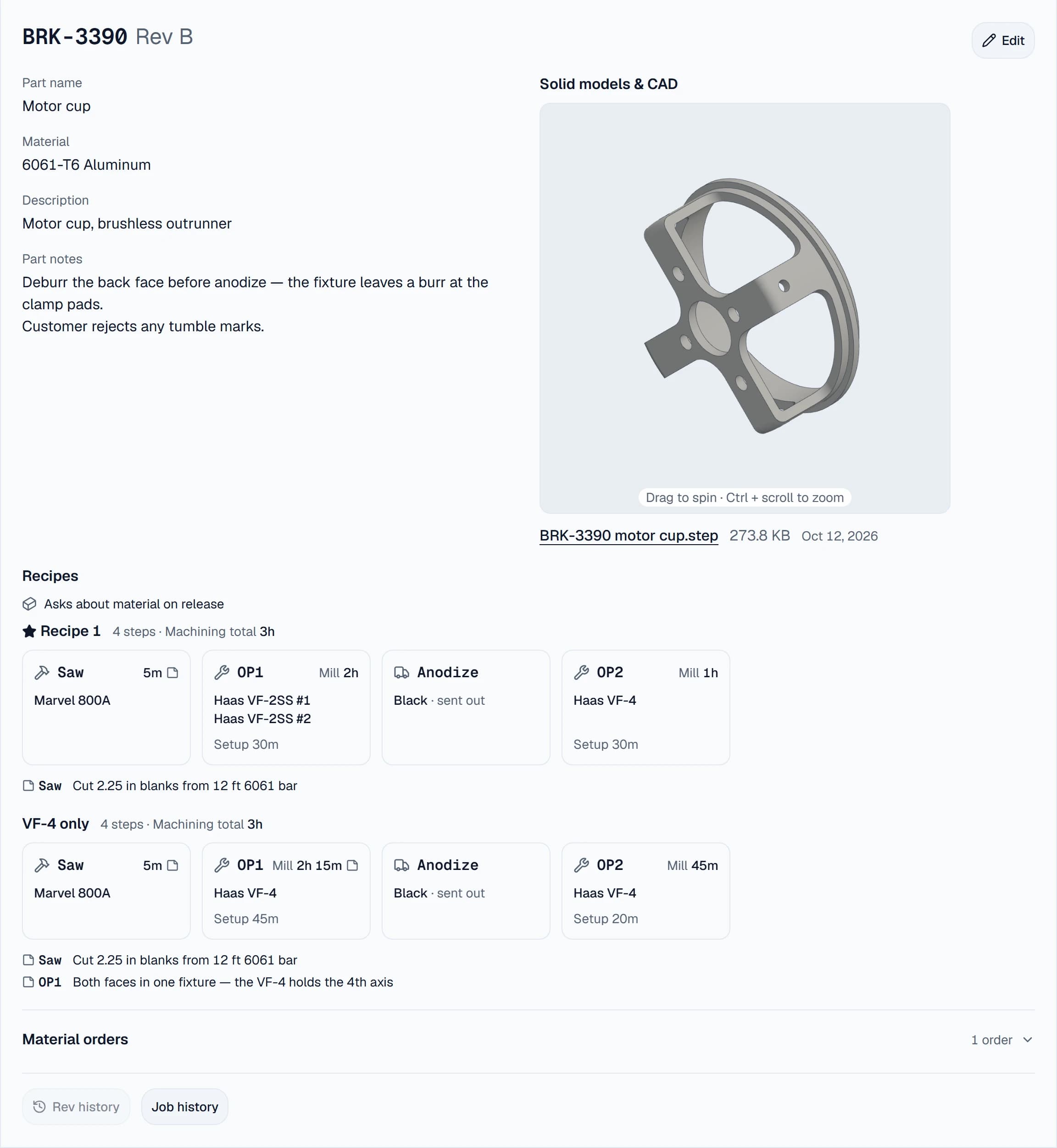 The page for the demo part BRK-3390 rev B, a motor cup: its part notes, its 3D model, and two recipes, Recipe 1 and VF-4 only, each with four steps and its step notes listed underneath.